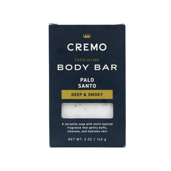 Cremo Exfoliating Body Bar for Men, Palo Santo Scent, Deep & Smoky, Cleanses and Hydrates Skin, 5 Oz