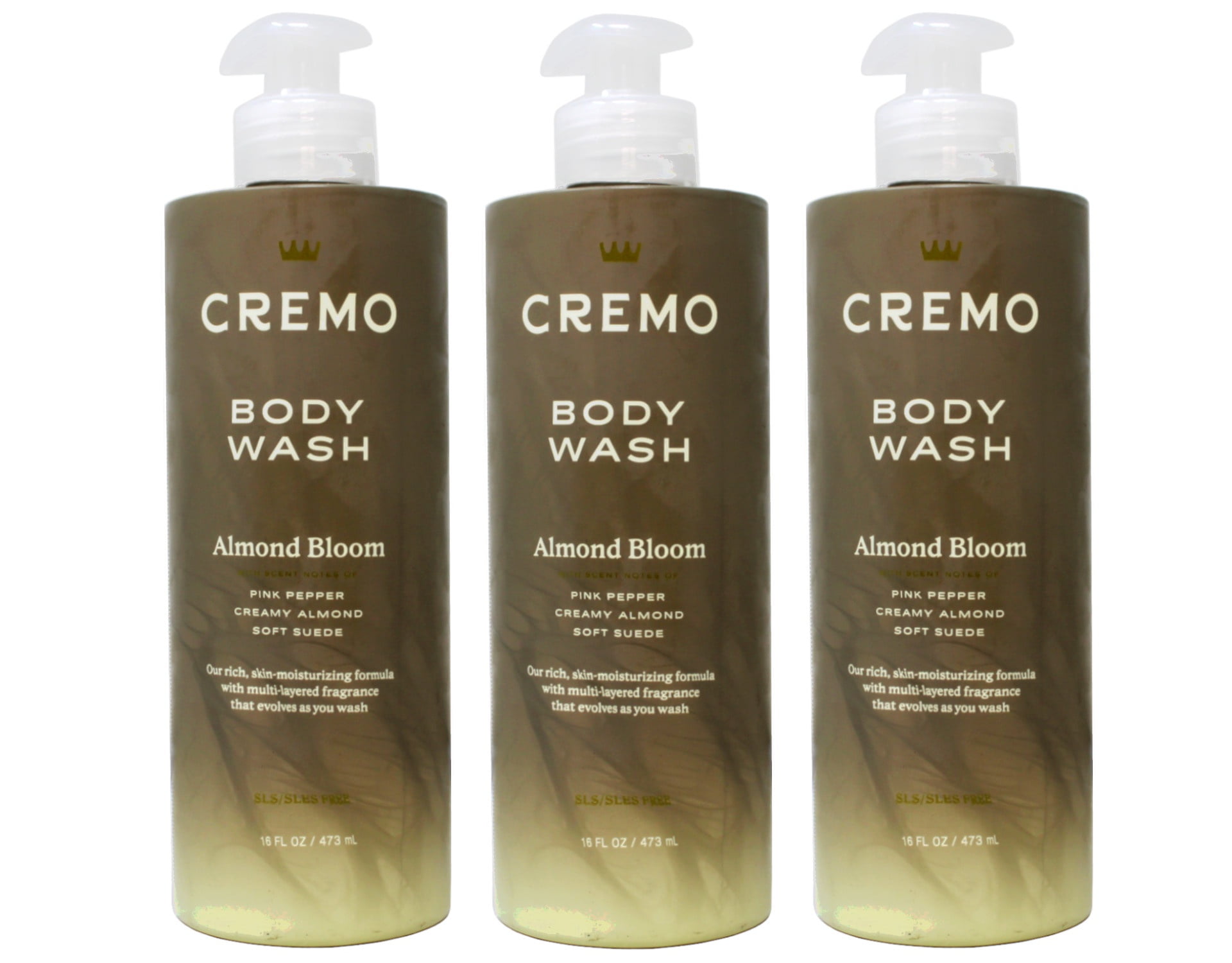 Cremo Skin Moisturizing Almond Bloom Women's Body Wash, Notes of Spicy Pink Pepper, Creamy Almond, and Soft Suede, 16 Fl Oz - 3 Pack