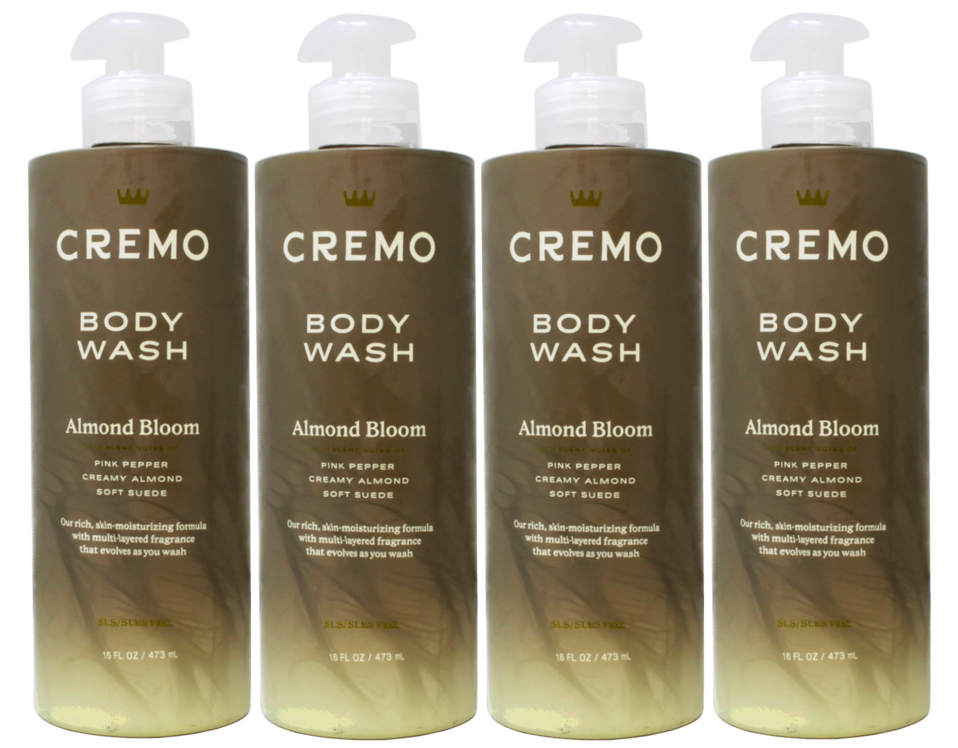 Cremo Skin Moisturizing Almond Bloom Women's Body Wash, Notes of Spicy Pink Pepper, Creamy Almond, and Soft Suede, 16 Fl Oz - 4 Pack