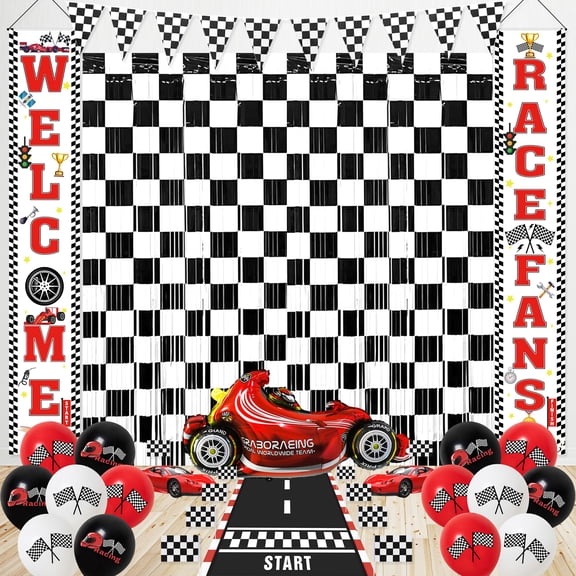 Crenics Race Car Birthday Party Decorations - 2 Foil Fringe Curtains, Racing Checkered Flags, Racetrack Floor Runner, Porch Sign, Banner and Balloons for Racing Party Supplies Y114