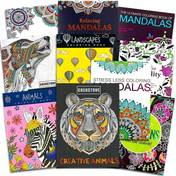 Crenstone Adult Coloring Books Super Set - 10 Deluxe Coloring Books for Adults and Teens