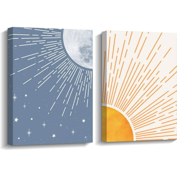 Creoate Boho Wall Decor Art 2 Pieces Sun and Moon Picture Canvas Print Framed Set Artwork for Minimalist Home Decor, Modern Boho Wall Art, 12x16 Inch x2pcs