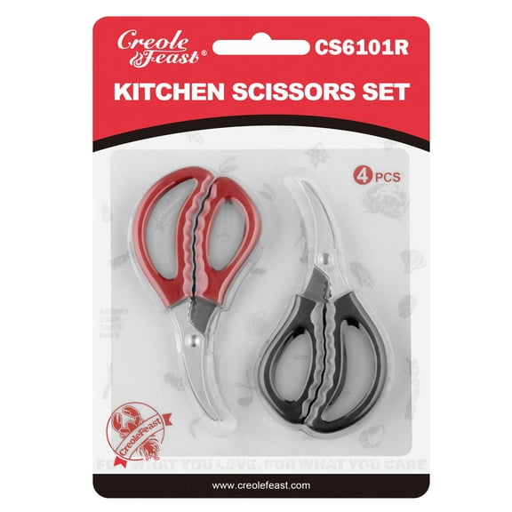 Creole Feast CS6101R 4 Pieces Crawfish Scissors, Multifunctional Stainless Steel Crab Shrimp Lobster Seafood Scissors, Seafood Shears, Crab Leg Crackers Tool for Kitchen, Black & Red