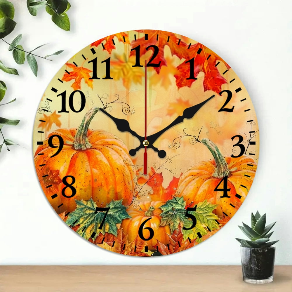 Creowell 10 Inch Autumn Pumpkins Leaves Wall Clock Decor Battery ...