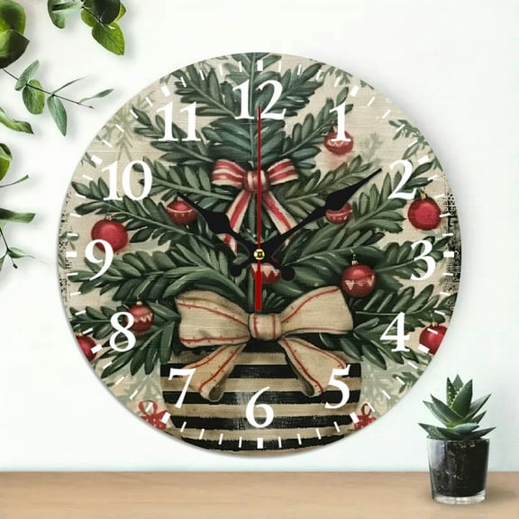 Creowell 10 Inch Christmas Tree Theme Wooden Wall Clock for Home 10x10in