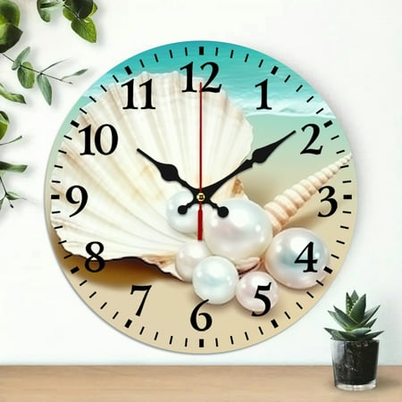 Creowell 10 Inch Pearl Shells Ocean Theme Wall Clock for Home Decor 10x10in