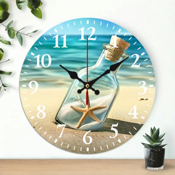 Creowell 10 Inch Round Wooden Wall Clock Message In A Bottle Starfish Theme 10x10in
