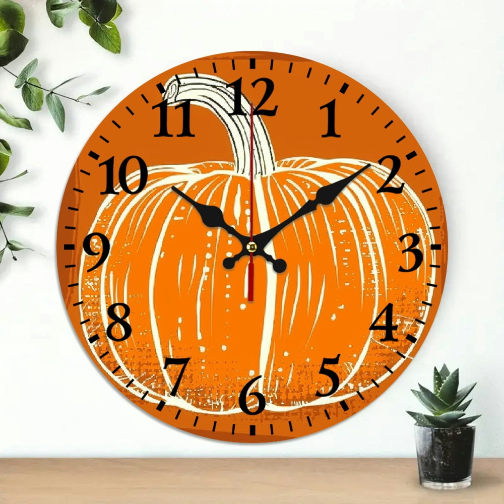 Creowell 10 Inch Round Wooden Wall Clock Pumpkin Print Battery Operated ...