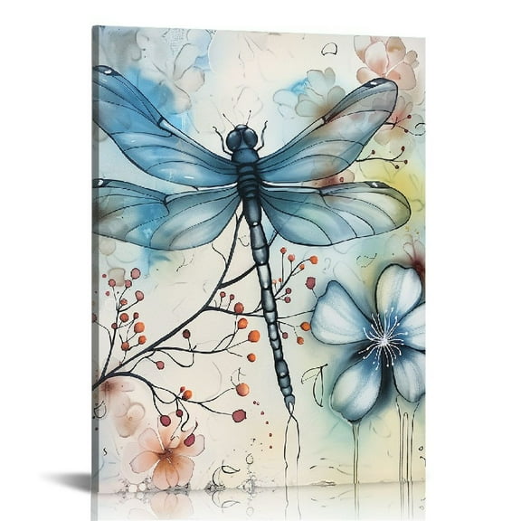 Creowell 16x20 in / 12x16 in Dragonfly Canvas Wall Art Teal Blue Flower Picture Print Insect Animal Painting Abstract Modern Home Wall Decor Framed Artwork for Office Bedroom Ready to Hang 12x16 in