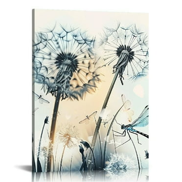 Creowell 16x20 in / 12x16 in Abstract Blue Dandelion with Dragonfly Canvas Wall Art Decor Flowers Still Life Painting Prints 12x16 in