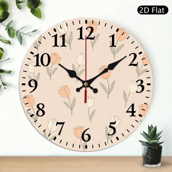 Creowell 1pc Line Tulip Minimal Pattern Theme Wall Clock Battery Operated, 10 inch No AA Battery Lncluded Lobby Corridor Dining Room Bedroom Office Classroom