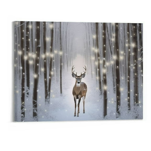 Creowell 20" x 16"in Canvas Wall Art Prints Deer Walking in the Forest Picture Winter Scene Artwork for Holiday Decor