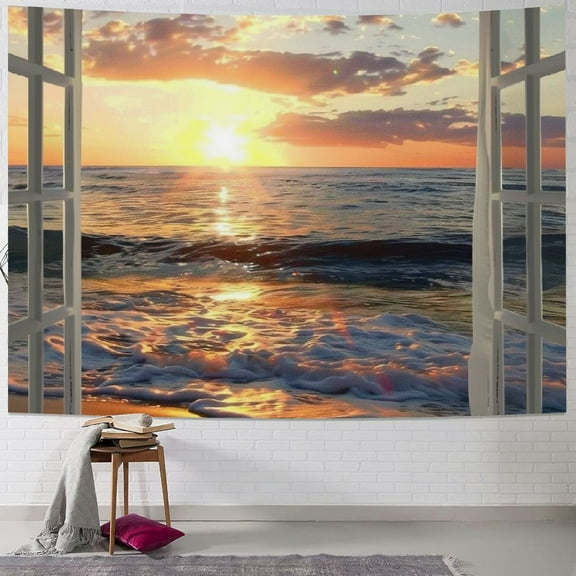 Creowell 3D Ocean Tapestry Wall Hanging Sun Sunset Sea Beach Landscape Tapestry Window Tapestries for Bedroom Living Room Home Decor 60x50inch