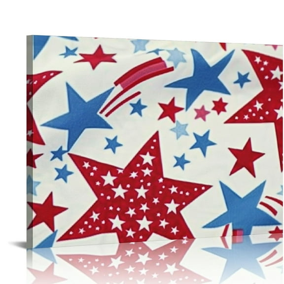Creowell 4th of July Framed Canvas Wall Art for Room Freedom Patriotic Stars Wall Decor, Firework Red White and Blue Independence Day Aesthetic Paintings for Kitchen 20x16in