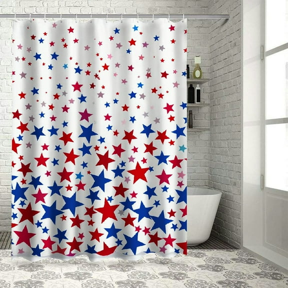 Creowell 4th of July Shower Curtain, American Flag Patriotic Stars Shower Curtain Freedom Fireworks Waterproof Shower Curtain Set with Hooks Independence Day Memorial Day Decoration White