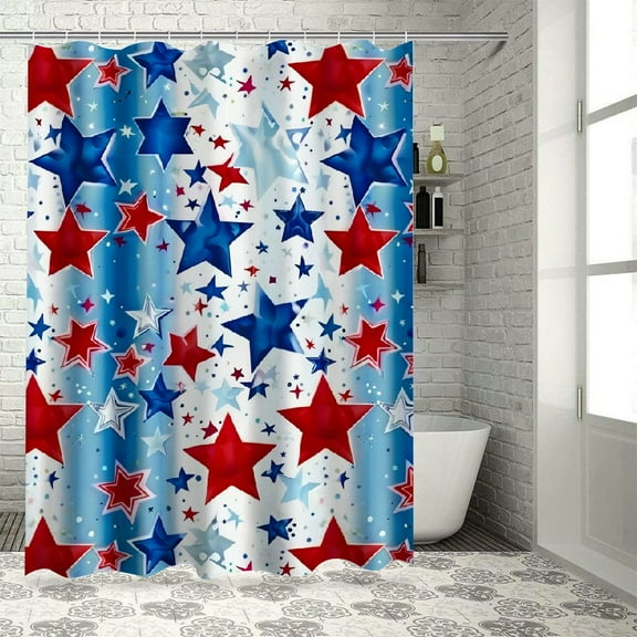 Creowell 4th of July Shower Curtain American Patriotic Independence President's Day Blue Red Stars American Flag Bathroom Decor Fabric Shower Curtain with Hooks White