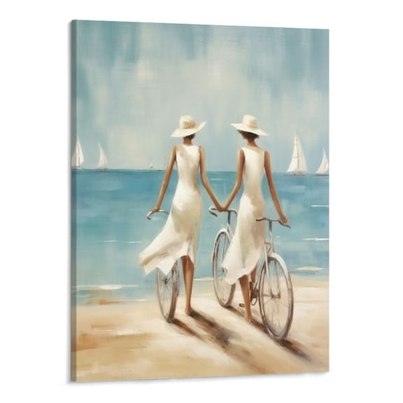 Creowell Abstract Beach Canvas Painting Picture: Hand Painted Coastal Artwork Women & Bicycle Wall Art Framed for Living Room (16 x 20in)