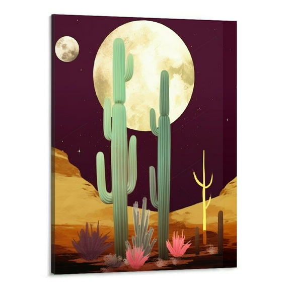 Creowell Abstract Canvas Wall Art Golden Cactus Mountain Desert Night Moon Contemporary Landscape Artwork for Bedroom Modern Home Decor Stretched and Framed Ready to Hang -16x20inch