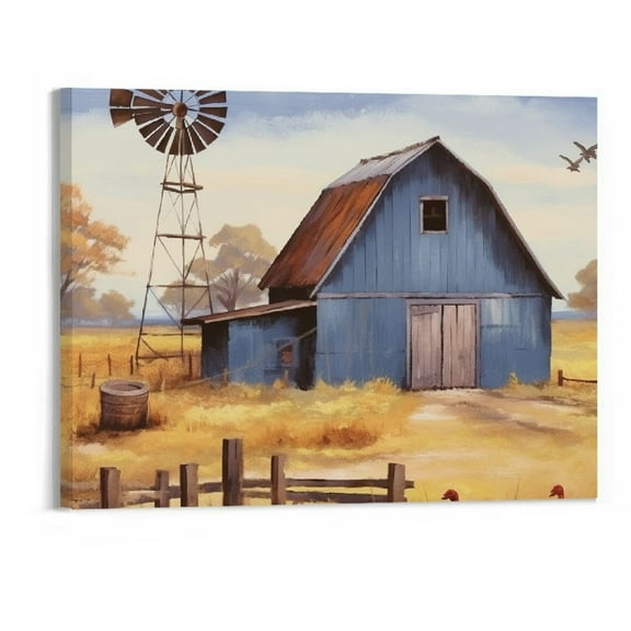 Creowell Abstract Farmhouse Wall Art Rustic Old Barn Farmhouse Windmill Farm Animals Painting Pictures for Living Room Kitchen Decoration Stretched and Framed Ready to Hang 20x16inch