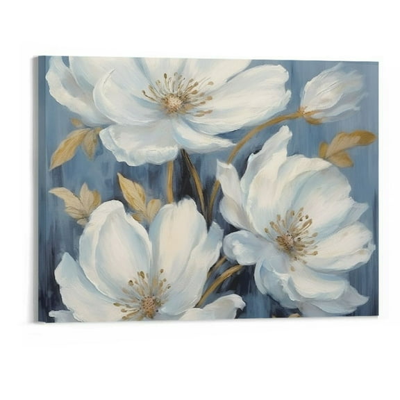 Creowell Abstract Flower Canvas Wall Art: Modern Watercolor Magnolia Flower Painting Blue White Lily Picture Elegant Blossom Botanical Artwork Bouquet Prints for Bedroom Living Room Bathroom 20x16 In