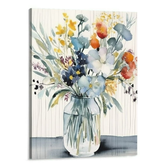Creowell Abstract Flower Print Wall Art: Botanical Flower Bouquet in Crystal Vase Picture Picture on Wrapped Canvas for Dining Room 16x20 Inch