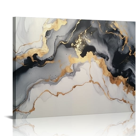 Creowell Abstract Marble Wall Art Black and Gold Bathroom Decor, Nordic Watercolor Gray White Fluid Ink Lines Canvas Picture Painting Artwork for Living Room Bedroom Office Decor 20x16 in/16x12 in