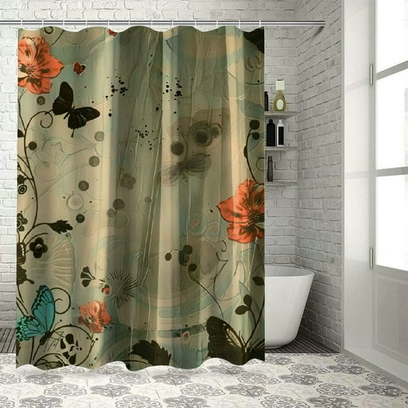 Creowell Abstract Shower Curtain, Old Dated Vintage Retro Antique Image with Floral Swirls Art Print, Cloth Fabric Bathroom Decor Set with Hooks, Brown Turquoise White