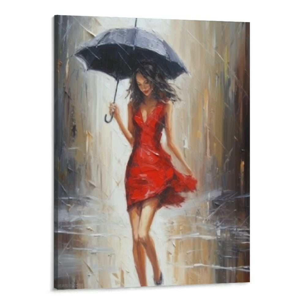 fitted lace wedding dress Rainy Elegance – Woman with Umbrella Hand-Painted Figurative Canvas – My  Modern Art