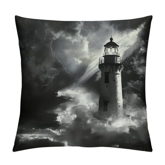 Creowell Aesthetic Decorative Pillow Covers Lighthouse Throw Pillows, Black and White Nautical Storm Outdoor Pillowcase Ocean Wave Seascap Cushion Case Decor for Home Sofa Couch Bed PC-050