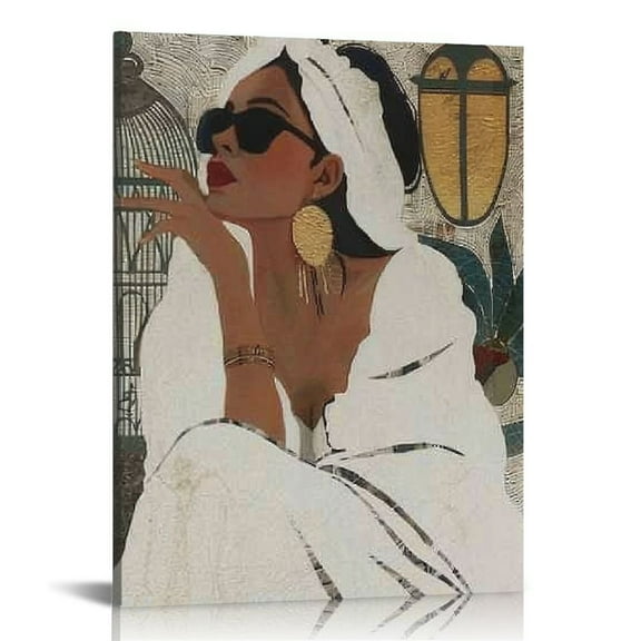 Creowell African American Black Woman Bathroom Wall Art Canvas Poster Decorative with Frame (16x20 in/12x16 in), Boho Woman Art Canvas, Black Girl Wall Decor For Bathroom Bedroom Modern Wall Deco