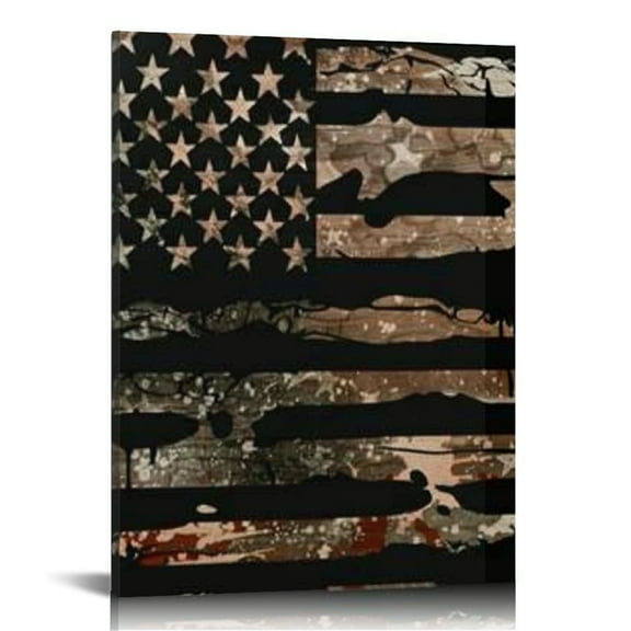 Creowell American Flag Wall Art Black and Brown Patriotic Decor Native America Picture for Living Room Military Canvas Artwork Prints Painting House Decor Framed Ready to Hang Gift 12x16 in