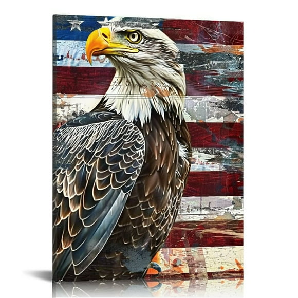 Creowell  American Flag Wall Art Eagle Canvas Independence Day Artwork Red White Blue Painting Patriotic Concept Wall Decor the USA Flag Home Decor Print for Living Room Framed  12x16 in