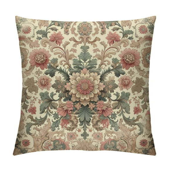 Creowell Antique Rose Floral French Aubusson Rug Print Throw Pillow Covers Cozy Square Throw Pillow Case Home Decoration for Bed Couch Sofa Living Room Cushion Cover