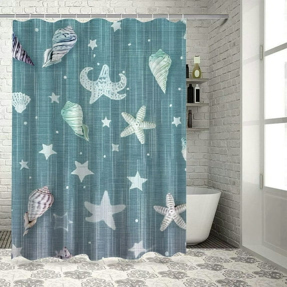 Creowell Aqua Shower Curtain, Beach Theme Design Shells Starfishes Flip Flops Glasses Summer Holiday Image, Cloth Fabric Bathroom Decor Set with Hooks, Seafoam and White