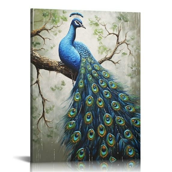 Creowell Art, Modern Abstract Wall Art Vivid Peacock Hand-Painted Oil Painting Acrylic Canvas Art Blue Animal Living Room Bedroom Decoration 16x20 in/12x16 in