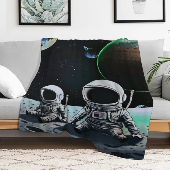 Creowell Astronauts Moon Planet Warm Cozy Decorative Blanket Flannel Durable Soft Fuzzy Fluffy Sofa Travel Camping Bed Chair Multi-purpose Gift Blanket All Season 40x50in
