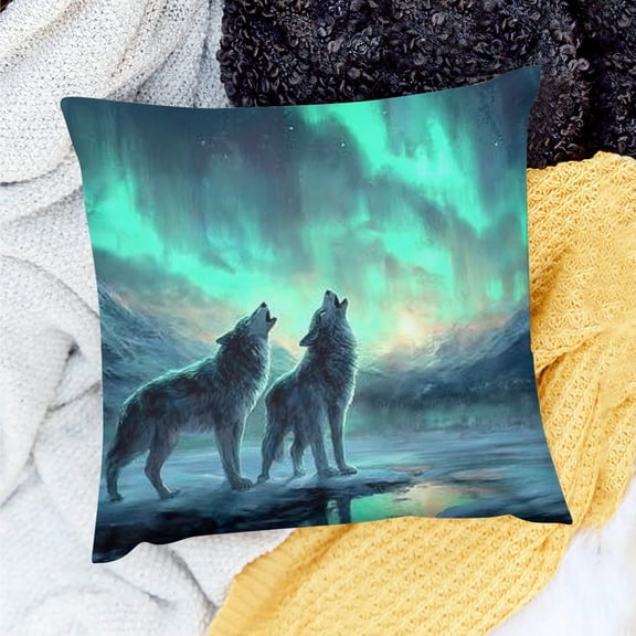 Creowell Aurora Wolf Throw Pillow Cover,Wildlife Animal Wolf  Cushion Cover,Mountain Snow Scene Cushion Case,Northern Lights Decorative Square Pillowcase,Green Black White 18x18in