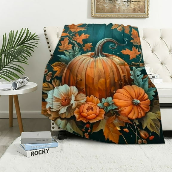Creowell Autumn Teal Yellow Orange Pumpkin Flower Leaf Blanket for Fall Thanksgiving Warm Blanket  Throw Blankets Flannel Blanket for Couch Sofa Bed for Adults Kids Boys Teens Gift Birthday Gift