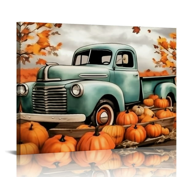Creowell  Autumn Wall Art Pumpkin Truck Picture Wall Decor Autumn Harvest Canvas Print Fall Home Room Decor Farmhouse Thanksgiving Decor Framed 20x16in