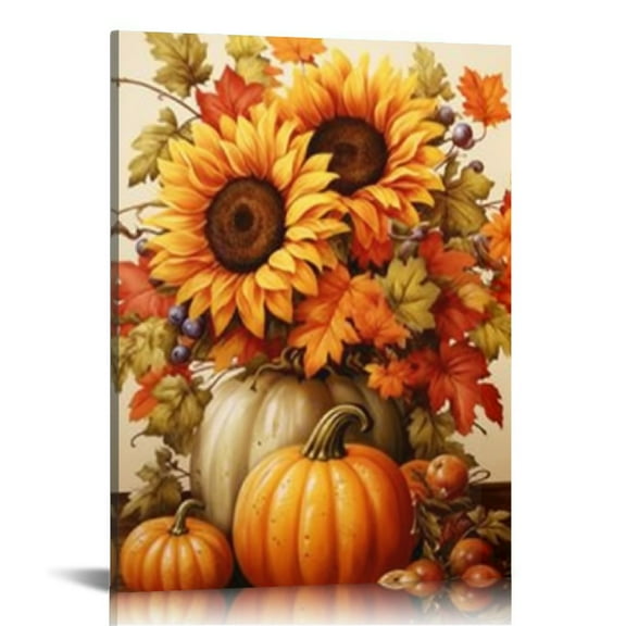 Creowell Autumn Wall Art Pumpkin and Sunflower Canvas Prints Thanksgiving Day Painting Fall Harvest Canvas Pictures Decor Frame 16x20 in