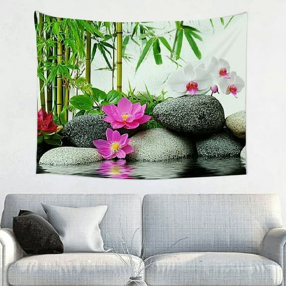 Creowell Bamboo Rocks Flowers Tapestry for Bedroom, Living Room, Dorm, 100% Polyester Wall Art, Decorative Wall Hanging for Home Decor 40x30in