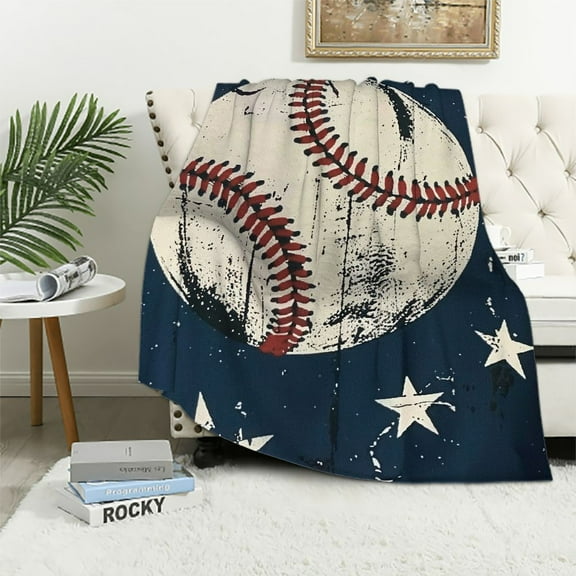 Creowell Baseball Throw Blanket Gifts for Boys, Blue Baseball Soft Cozy Plush Flannel Blanket for Kids Bedroom, Baseball Sport Fuzzy Blanket with Stars for Toddler Couch Bed Sofa Decor White