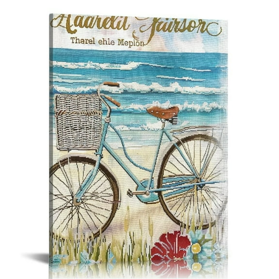 Creowell Bathroom Decor Wall Art Blue Beach Coastal Pictures Bicycle Sea Canvas Painting Seascape Ocean Theme Poster Beach Motivational Quotes  Artwork for Bathroom Bedroom 16x20 in/12x16 in