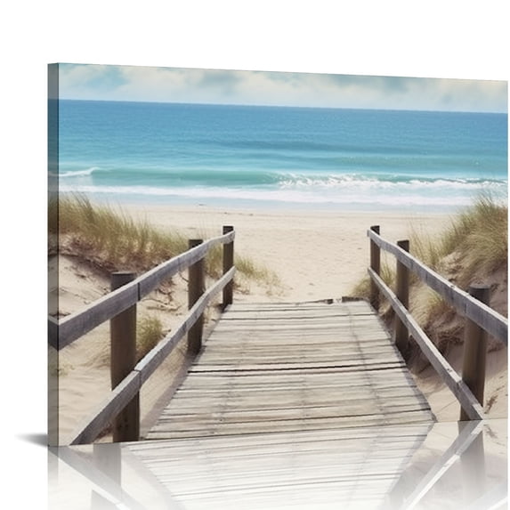 Creowell Bathroom Wall Art Beach Picture: Modern Ocean View Sea Canvas Artwork Decor Contemporary Coastal Scene Wave Seascape Painting Horizontal Scenic Nature Landscape Seaside Boardwalk 16x12in