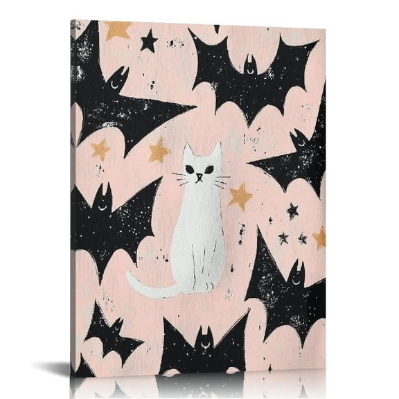 Creowell Bats Stars White Cat Art Modern Canvas Prints Wall Decor for Home Living Room Bathroom Bedroom Office, Perfect Gift Ideas for Various Occasions 16x20in