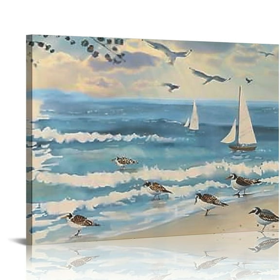 Creowell  Beach Canvas Wall Art:Sea Bird Painting Abstract Ocean Artwork Seashore Seagull Picture Modern Seaside Sandpiper Prints Bedroom Blue Seascape Nature Theme Gallery Art 20x16in