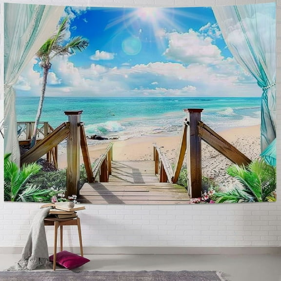 Creowell  Beach Decor Tapestry, Ocean Sea Tropical Island Palm Tree Scenic View From Balcony Summer Tropical Scenery Wall Hanging Nature Tapestry For Bedroom Living Room Dorm 40x30inch