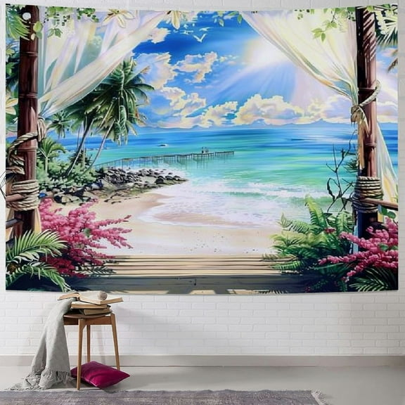 Creowell  Beach Decor Tapestry, Ocean Sea Tropical Island Palm Tree Scenic View From Balcony Summer Tropical Scenery Wall Hanging Nature Tapestry For Bedroom Living Room Dorm 40x30inch