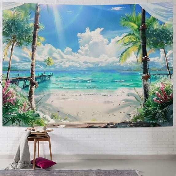 Creowell Beach Decor Tapestry, Ocean Sea Tropical Island Palm Tree Scenic View From Balcony Summer Tropical Scenery Wall Hanging Nature Tapestry For Bedroom Living Room Dorm 50x40inch