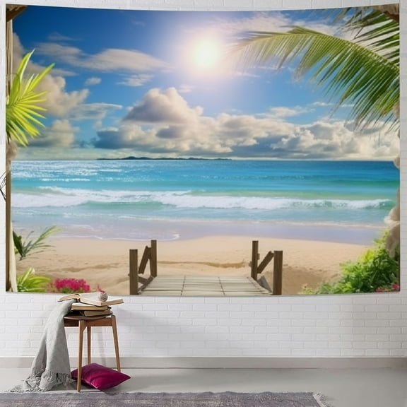 Creowell  Beach Landscape Tapestry, Tropic Ocean Sea Island Palm Tree Seaside Tapestries for Living Room Summer Window Wall Hanging 40x30inch